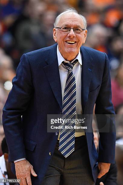 Head coach Jim Boeheim of the Syracuse Orange reacts to a call against the North Florida Ospreys during the second half at the Carrier Dome on...