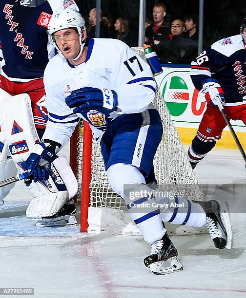 Rich Clune of the Toronto Marlies turns up ice against the Hartford Wolf Pack during AHL game action on December 3, 2016 at Ricoh Coliseum in...