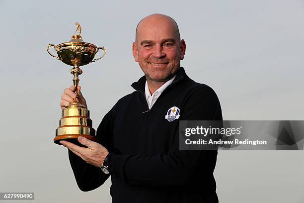 Thomas Bjorn is pictured with the trophy during the European Ryder Cup Captain Announcement at Wentworth Club on December 5, 2016 in London, England.