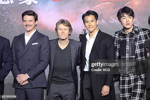 Chilean-born American actor Pedro Pascal, American actor Willem Dafoe, actor Eddie Peng Yuyan and actor Lin Gengxin attend the premiere of director...