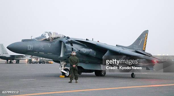 Military AV-8 Harrier fighter jet arrives at the Air Self-Defense Force's Chitose base in Japan's northernmost main island of Hokkaido on Dec. 5 to...