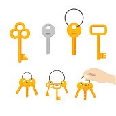 Keys bunch vector, key hanging on ring, hand holding keychain