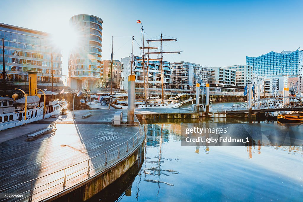 View of the port of Hafencity on a sunny day, Hamburg, Germany