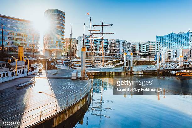 view of the port of hafencity on a sunny day, hamburg, germany - elbphilharmonie hamburg foto e immagini stock