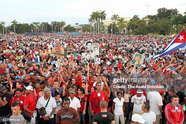 Thousands of people gather in Revolution Plaza for a memorial event for former Cuban President Fidel Castro December 3, 2016 in Santiago de Cuba,...