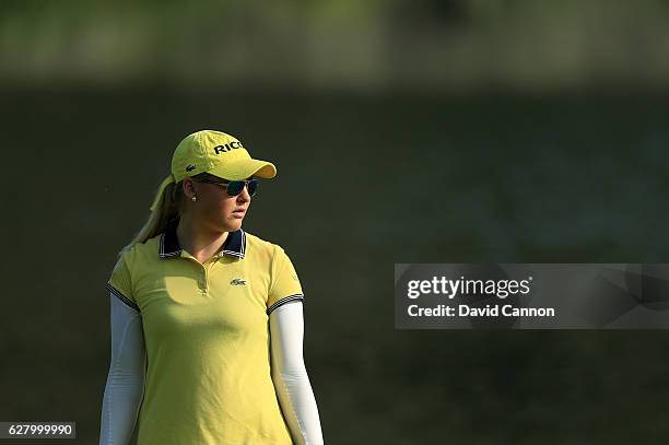 Charley Hull of England in action during the pro-am as a preview for the 2016 Omega Dubai Ladies Masters on the Majlis Course at the Emirates Golf...