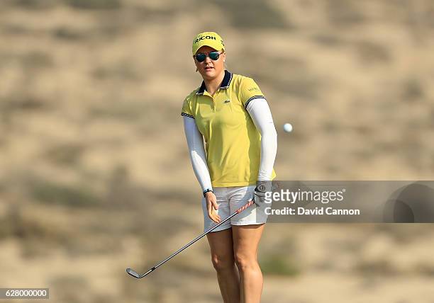 Charley Hull of England in action during the pro-am as a preview for the 2016 Omega Dubai Ladies Masters on the Majlis Course at the Emirates Golf...
