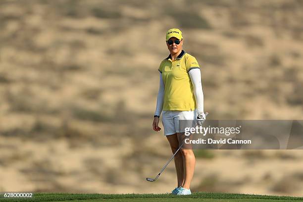 Charley Hull of England in action during the pro-am as a preview for the 2016 Omega Dubai Ladies Masters on the Majlis Course at the Emirates Golf...