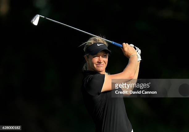 Suzann Pettersen of Norway in action during the pro-am as a preview for the 2016 Omega Dubai Ladies Masters on the Majlis Course at the Emirates Golf...