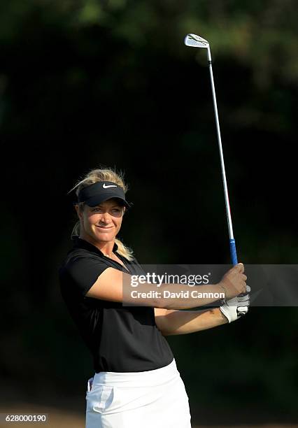 Suzann Pettersen of Norway in action during the pro-am as a preview for the 2016 Omega Dubai Ladies Masters on the Majlis Course at the Emirates Golf...