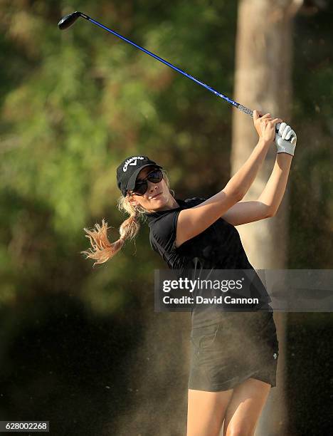 Paige Spiranac of the United States in action during the pro-am as a preview for the 2016 Omega Dubai Ladies Masters on the Majlis Course at the...