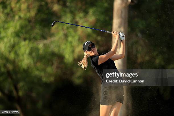 Paige Spiranac of the United States in action during the pro-am as a preview for the 2016 Omega Dubai Ladies Masters on the Majlis Course at the...