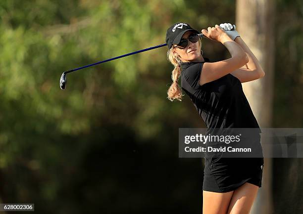 Paige Spiranac of the United States in action during the pro-am as a preview for the 2016 Omega Dubai Ladies Masters on the Majlis Course at the...