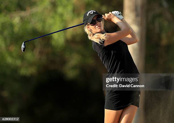 Paige Spiranac of the United States in action during the pro-am as a preview for the 2016 Omega Dubai Ladies Masters on the Majlis Course at the...