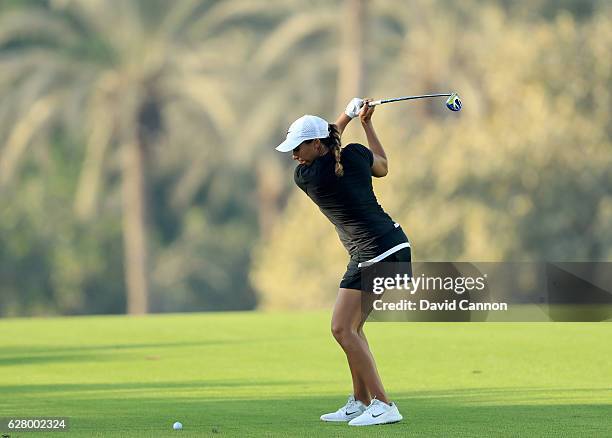 Cheyenne Woods of the United States in action during the pro-am as a preview for the 2016 Omega Dubai Ladies Masters on the Majlis Course at the...