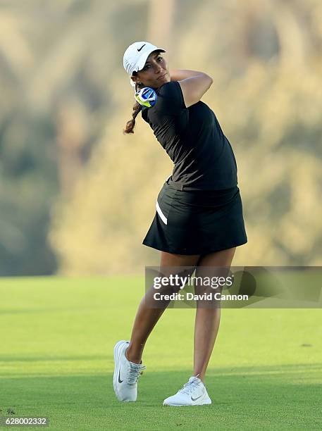 Cheyenne Woods of the United States in action during the pro-am as a preview for the 2016 Omega Dubai Ladies Masters on the Majlis Course at the...