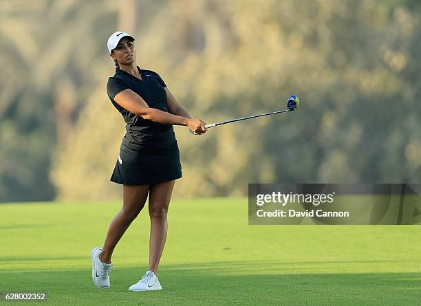 Cheyenne Woods of the United States in action during the pro-am as a preview for the 2016 Omega Dubai Ladies Masters on the Majlis Course at the...