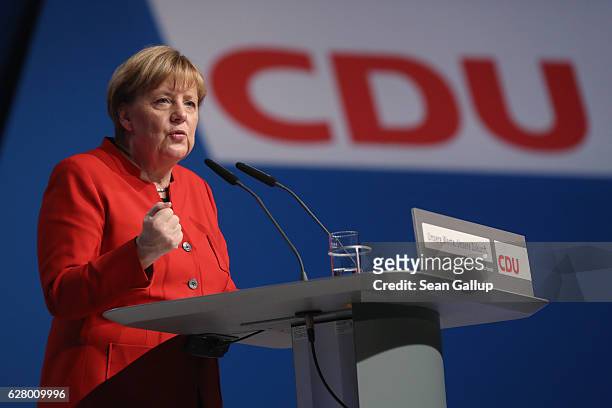 German Chancellor and Chairwoman of the German Christian Democrats Angela Merkel gives her central speech at the 29th federal congress of the CDU on...