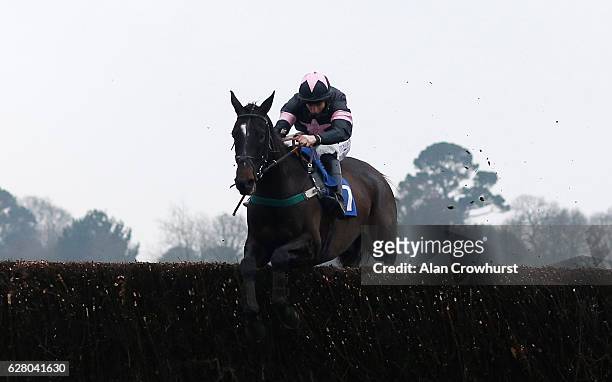 Jamie Moore riding Jamrham clear the last to win The Executive Carriage Group Handicap Steeple Chase at Fontwell Park on December 6, 2016 in...