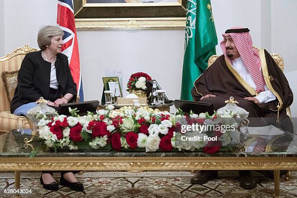 British Prime Minister Theresa May meets King Salman bin Abdulaziz al Saud of Saudi Arabia on December 6, 2016 in Manama, Bahrain. Prime Minister May...