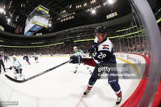 Patrick Wiercioch of the Colorado Avalanche clears the puck against the Dallas Stars at the Pepsi Center on December 03, 2016 in Denver, Colorado....