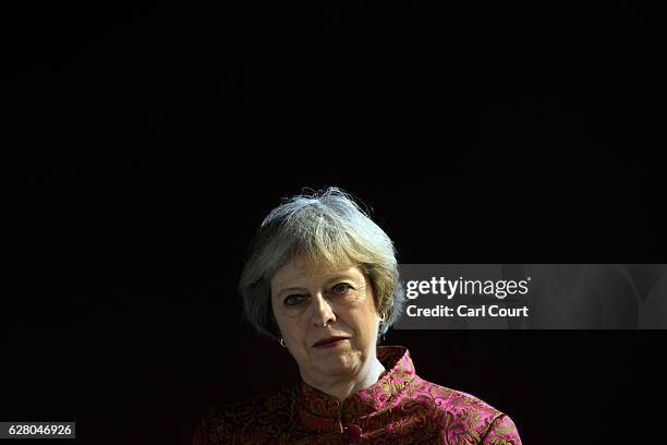 British Prime Minister Theresa May waits to speak at a young leaders reception at Riffa Fort while in Bahrain to attend the Gulf Cooperation Council...