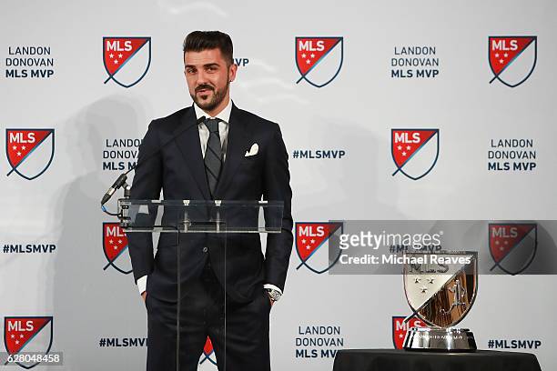 David Villa of New York City FC addresses the crowd after being presented with the 2016 Landon Donovan MLS MVP trophy at Spring Studios on December...