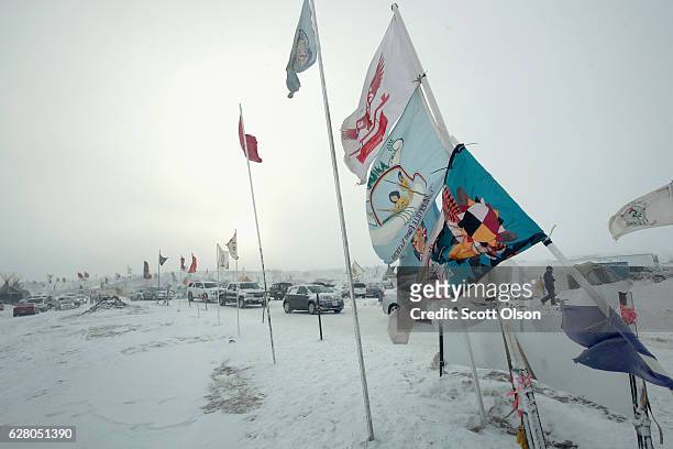 Winds whip across Oceti Sakowin Camp as blizzard conditions grip the area around the Standing Rock Sioux Reservation on December 6, 2016 outside...