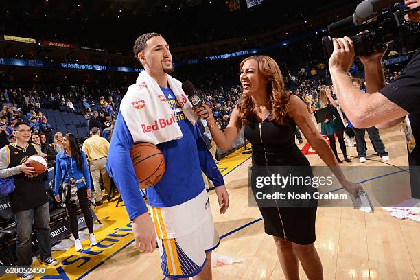 Klay Thompson of the Golden State Warriors talks to CSN Analyst, Rosalyn Gold-Onwude after the game against the Indiana Pacers on December 5, 2016 at...