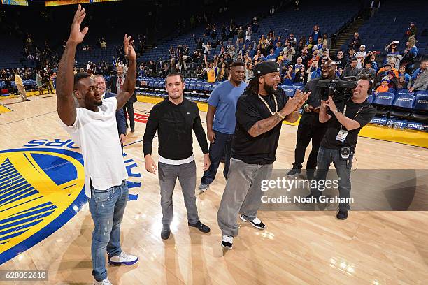 Oakland Raiders, Latavious Murray, Derek Carr and Donald Penn shoot around after the Indiana Pacers game against the Golden State Warriors on...