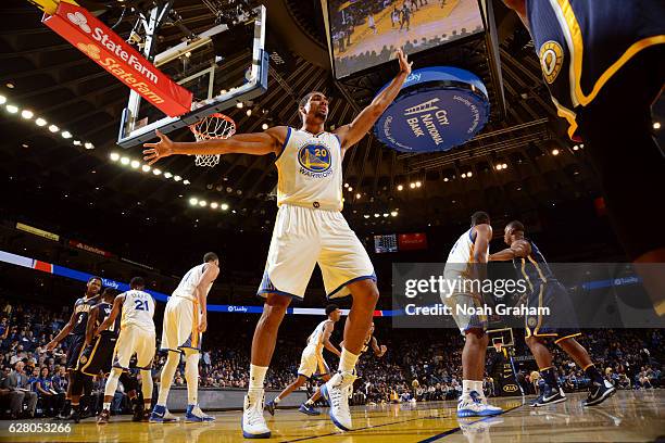 James Michael McAdoo of the Golden State Warriors defends an inbounds pass during the game against the Indiana Pacers on December 5, 2016 at ORACLE...