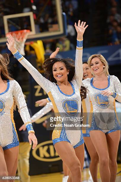 The Golden State Warriors dance team perform during the game against the Indiana Pacers on December 5, 2016 at ORACLE Arena in Oakland, California....