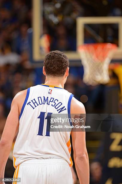 Klay Thompson of the Golden State Warriors stands on the court during the game against the Indiana Pacers on December 5, 2016 at ORACLE Arena in...