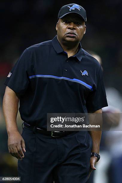 Head coach Jim Caldwell of the Detroit Lions warms up during a game against the New Orleans Saints at the Mercedes-Benz Superdome on December 4, 2016...