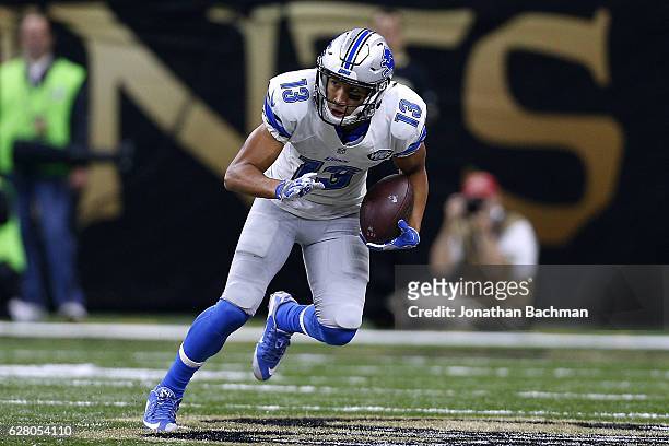 Jones of the Detroit Lions runs with the ball during a game against the New Orleans Saints at the Mercedes-Benz Superdome on December 4, 2016 in New...