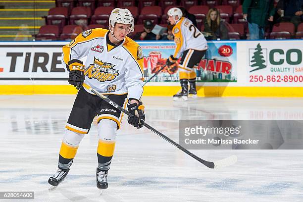 Cole Reinhardt of the Brandon Wheat Kings warms up against the Kelowna Rockets on December 3, 2016 at Prospera Place in Kelowna, British Columbia,...
