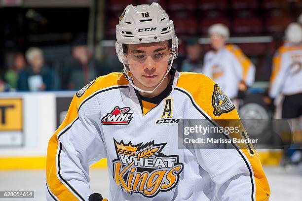 Tanner Kaspick of the Brandon Wheat Kings warms up against the Kelowna Rockets on December 3, 2016 at Prospera Place in Kelowna, British Columbia,...