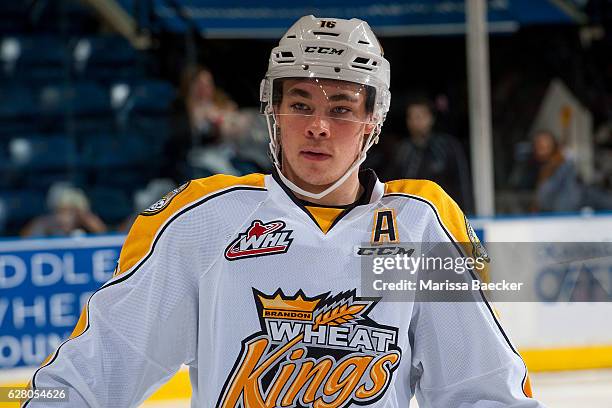 Tanner Kaspick of the Brandon Wheat Kings skates on the ice during warm up against the Kelowna Rockets on December 3, 2016 at Prospera Place in...