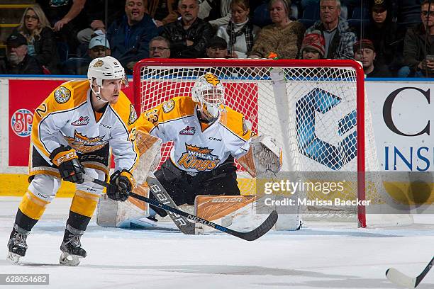 Jordan Papirny of the Brandon Wheat Kings defends the net against the Kelowna Rockets on December 3, 2016 at Prospera Place in Kelowna, British...