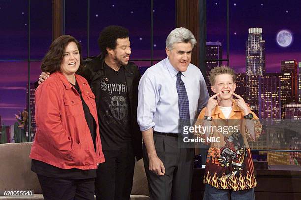 Episode 2698 -- Pictured: Comedian Rosie O'Donnell, musician Lionel Richie, host Jay Leno, and baking contest winner Tyler Modjeski after an...