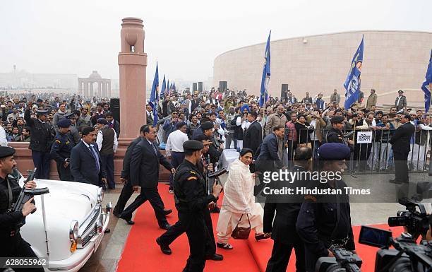 Supremo Mayavati comes for paying homage to the statue of Dr. Bhimrao Ambedkar on his 61st death annivarsary here at Ambedkar memorial on December 6,...