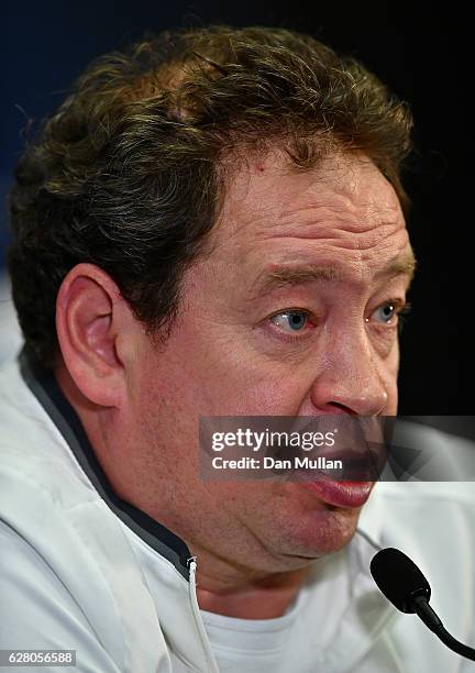 Leonid Slutskiy the head coach of PFC CSKA Moskva speaks to the media during the PFC CSKA Moskva press conference at Wembley Stadium on December 6,...