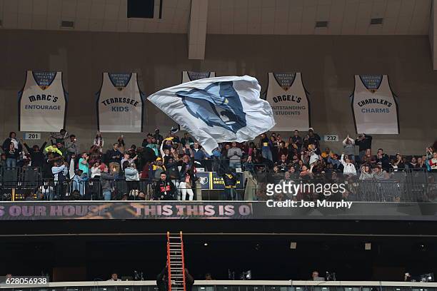Memphis Grizzlies fans wave a flag during the game against the Los Angeles Lakers on December 3, 2016 at FedExForum in Memphis, Tennessee. NOTE TO...