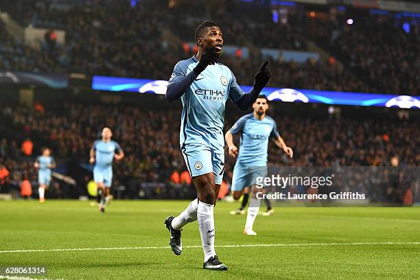Kelechi Iheanacho of Manchester City celebrates scoring his sides first goal during the UEFA Champions League Group C match between Manchester City...