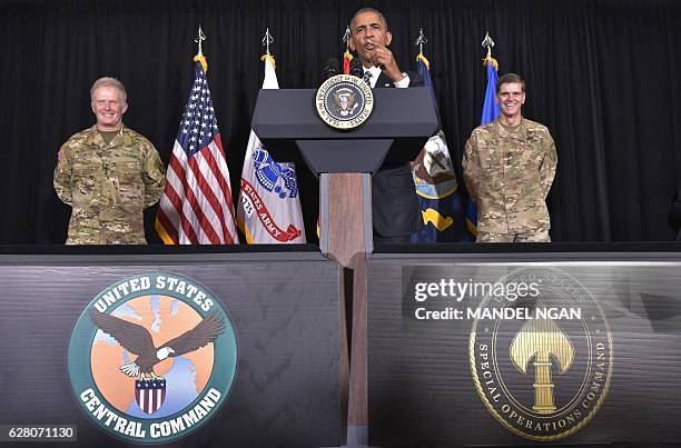 President Barack Obama address service member to thank tehm for their service at MacDill Air Force Base in Tampa, Florida on December 6, 2016....