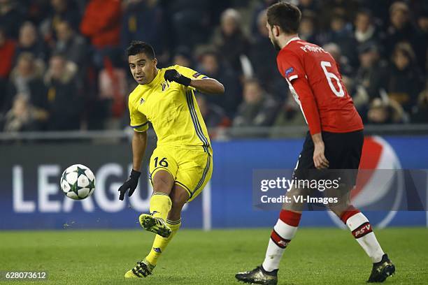 Christian Noboa of FC Rostov, Davy Propper of PSV Eindhovenduring the UEFA Champions League group D match between PSV Eindhoven and FK Rostov on...