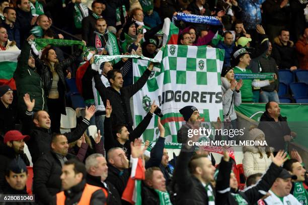 Ludogorets' supporters cheer for their team after the UEFA Champions League Group A football match between Paris Saint-Germain and PCF Ludogorets...