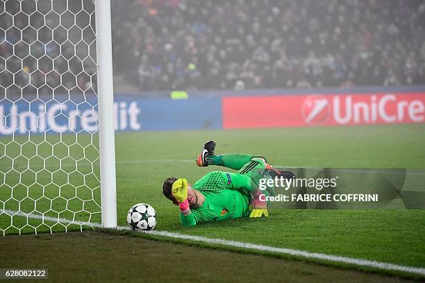 Basel's Czech goalkeeper Tomas Vaclik tries to catch the ball during the UEFA Champions league Group A football match between FC Basel 1893 and...