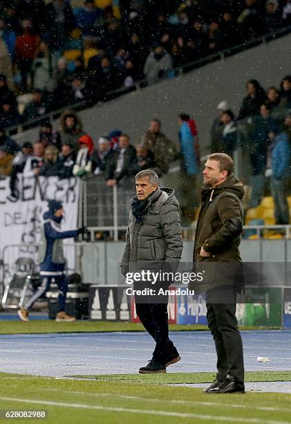 Head Coach of Dinamo Kiev Sergiy Rebrov and Head Coach of Besiktas Senol Gunes are seen during to the UEFA Champions league football match between...