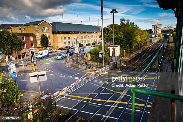 railway track seen from signal box, crawley, west sussex, uk - crawley west sussex stockfoto's en -beelden